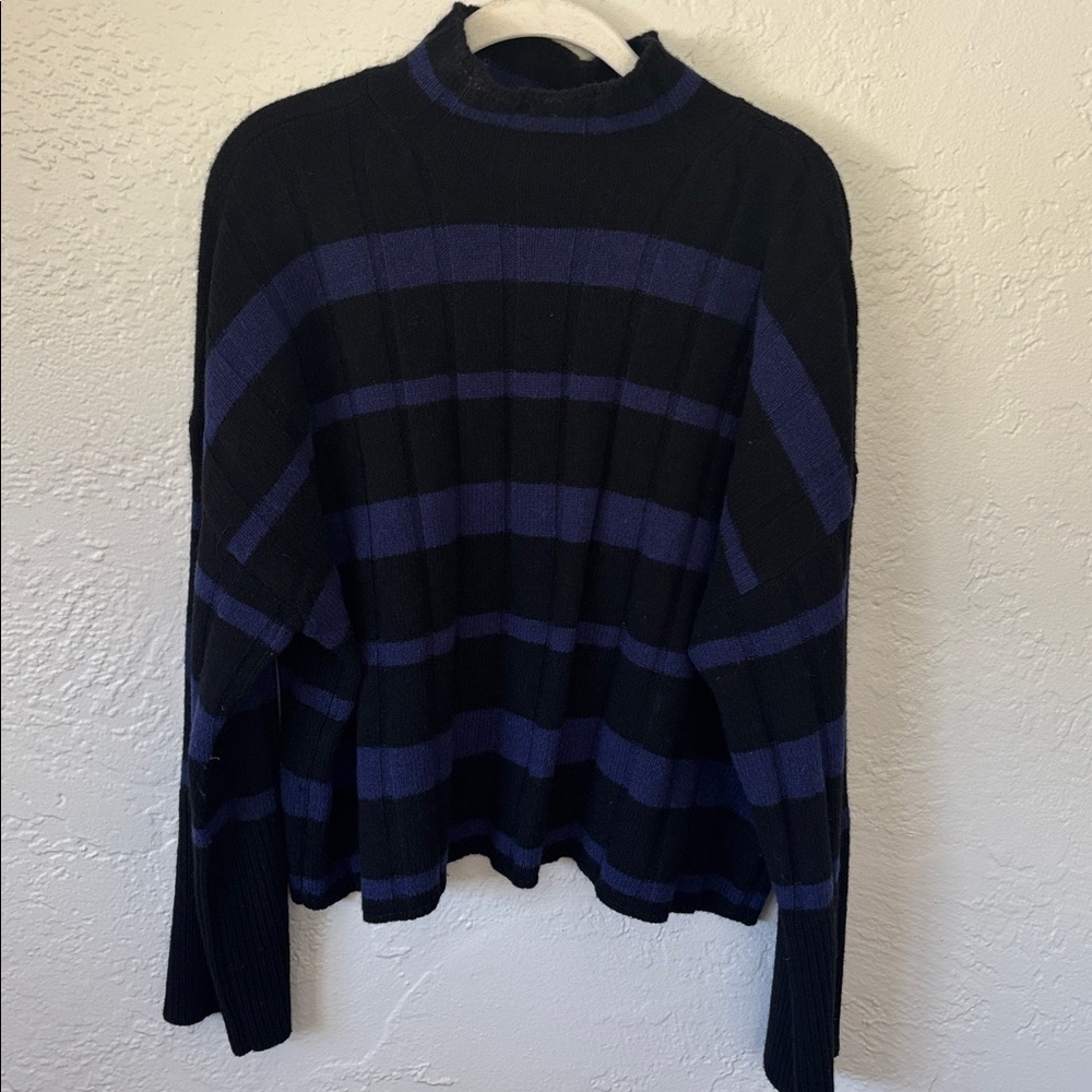 Madewell Black and Blue Striped Mock Neck Cashmere Blend Sweater M - Picture 1 of 6